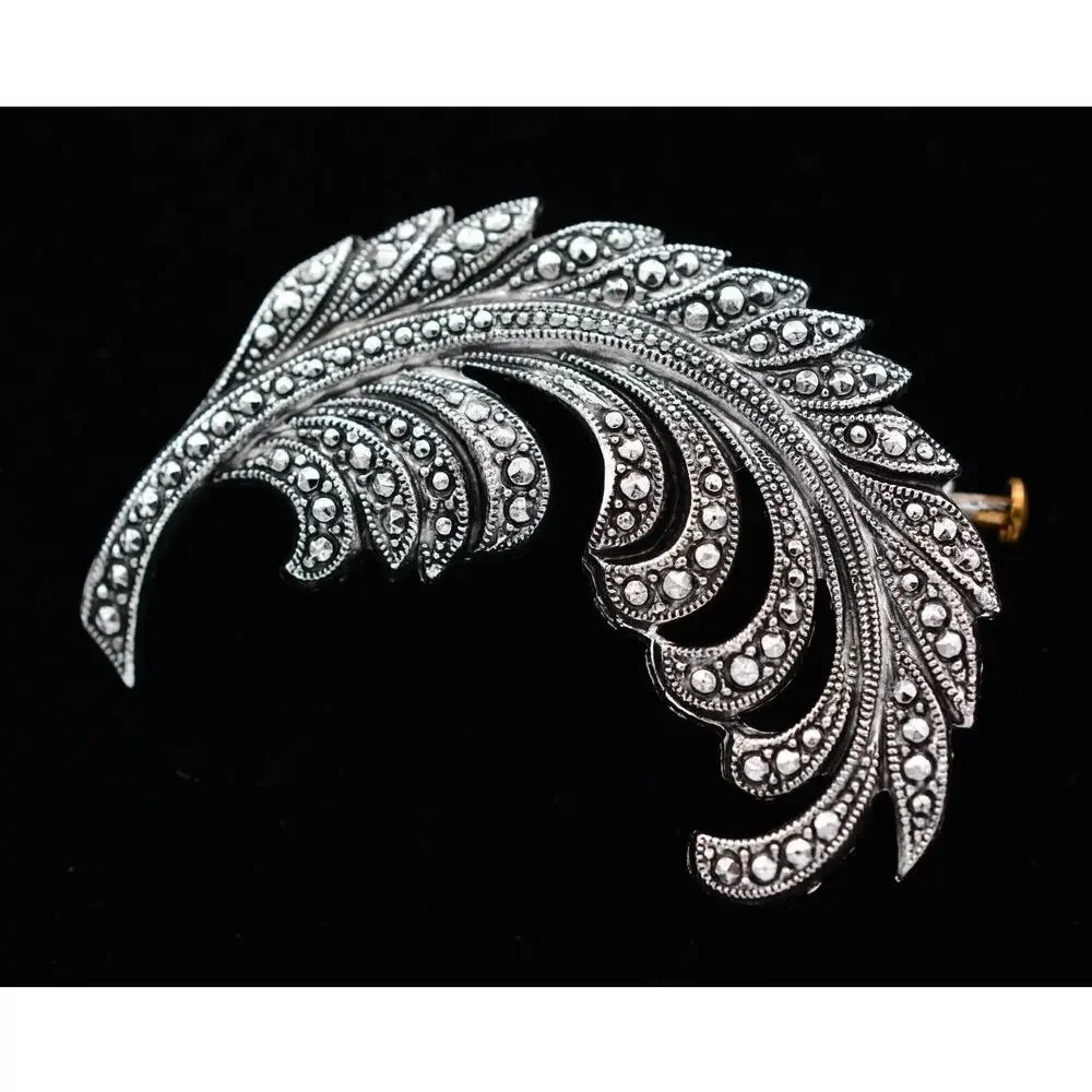 West Germany Vintage Leaf Pin Feather Brooch Silver Lightweight Signed 70s Bin5A